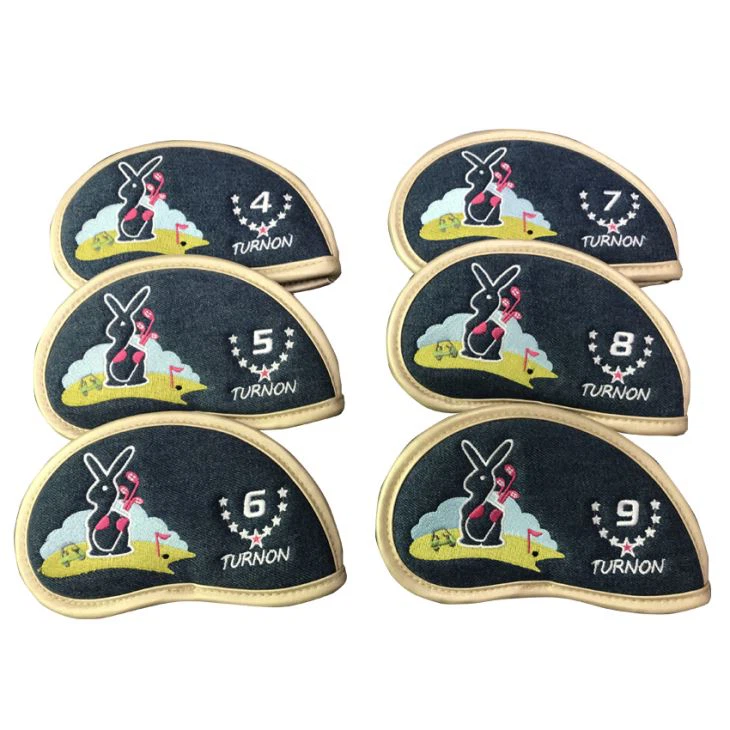 Lovely Rabbit Embroidery Logo On Golf Iron Headcover With Denim Fabric